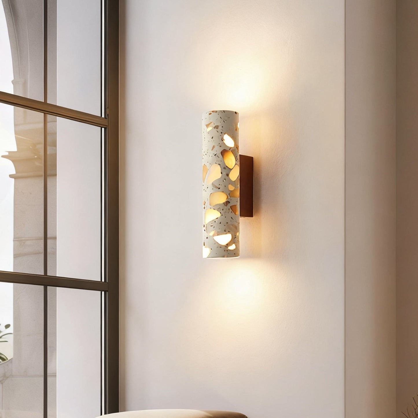 Wandlamp Terrazzo Cilinder – Walnoot Houten Basis – Handgemaakt Natuursteen – Retro Kolom Design – Warm Licht G9 – Woonkamer Slaapkamer Gang