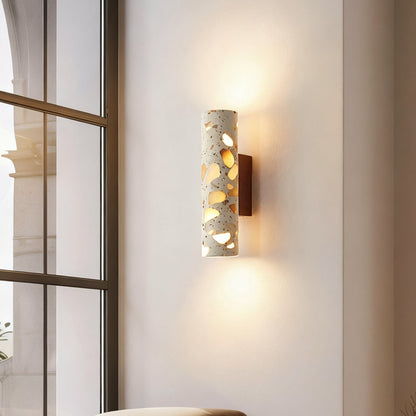 Wandlamp Terrazzo Cilinder – Walnoot Houten Basis – Handgemaakt Natuursteen – Retro Kolom Design – Warm Licht G9 – Woonkamer Slaapkamer Gang