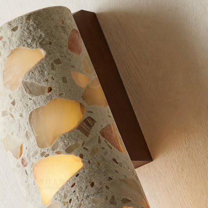 Wandlamp Terrazzo Cilinder – Walnoot Houten Basis – Handgemaakt Natuursteen – Retro Kolom Design – Warm Licht G9 – Woonkamer Slaapkamer Gang