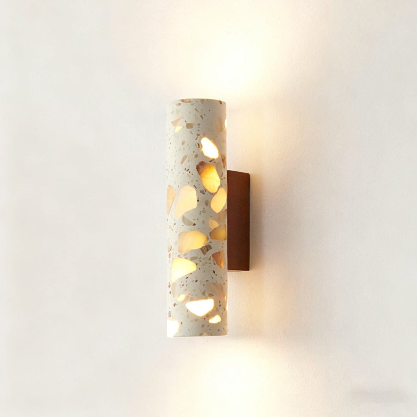 Wandlamp Terrazzo Cilinder – Walnoot Houten Basis – Handgemaakt Natuursteen – Retro Kolom Design – Warm Licht G9 – Woonkamer Slaapkamer Gang