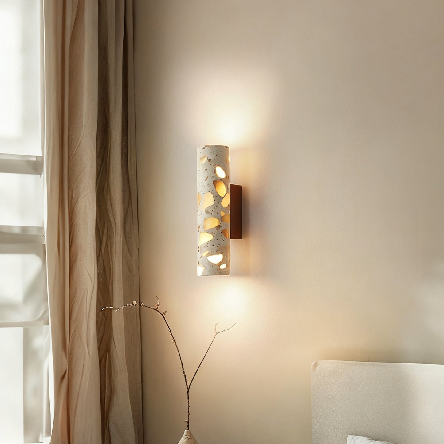 Wandlamp Terrazzo Cilinder – Walnoot Houten Basis – Handgemaakt Natuursteen – Retro Kolom Design – Warm Licht G9 – Woonkamer Slaapkamer Gang