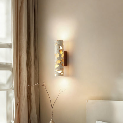 Wandlamp Terrazzo Cilinder – Walnoot Houten Basis – Handgemaakt Natuursteen – Retro Kolom Design – Warm Licht G9 – Woonkamer Slaapkamer Gang