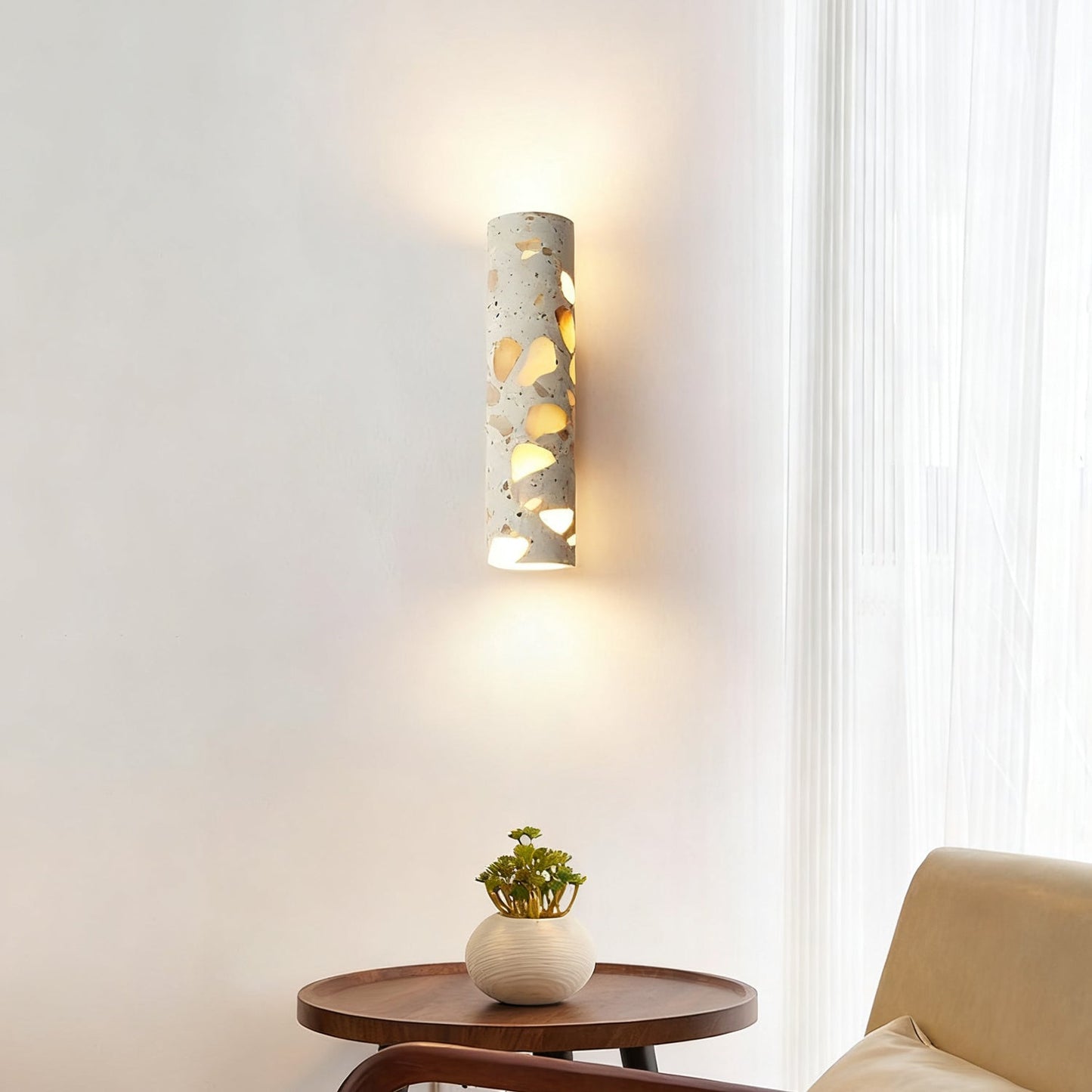 Wandlamp Terrazzo Cilinder – Walnoot Houten Basis – Handgemaakt Natuursteen – Retro Kolom Design – Warm Licht G9 – Woonkamer Slaapkamer Gang