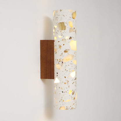 Wandlamp Terrazzo Cilinder – Walnoot Houten Basis – Handgemaakt Natuursteen – Retro Kolom Design – Warm Licht G9 – Woonkamer Slaapkamer Gang