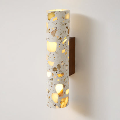 Wandlamp Terrazzo Cilinder – Walnoot Houten Basis – Handgemaakt Natuursteen – Retro Kolom Design – Warm Licht G9 – Woonkamer Slaapkamer Gang