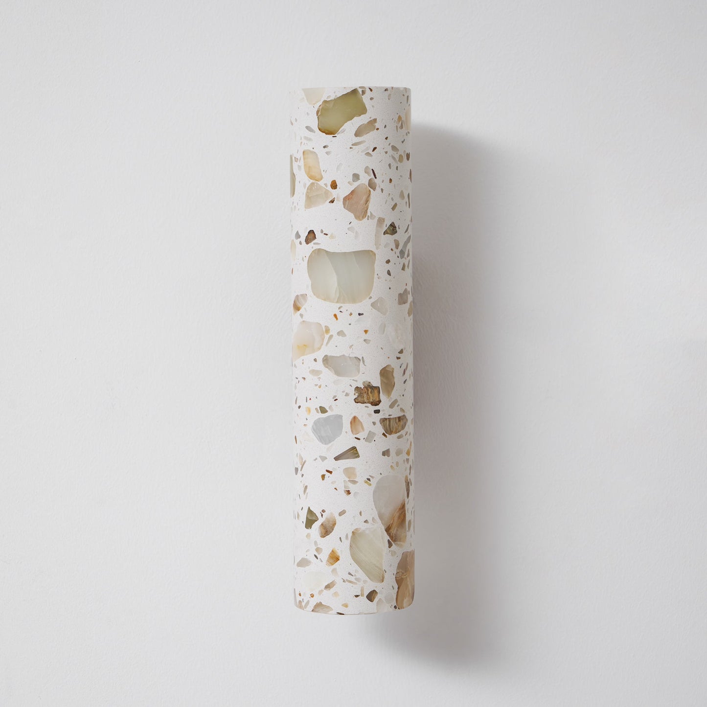 Wandlamp Terrazzo Cilinder – Walnoot Houten Basis – Handgemaakt Natuursteen – Retro Kolom Design – Warm Licht G9 – Woonkamer Slaapkamer Gang