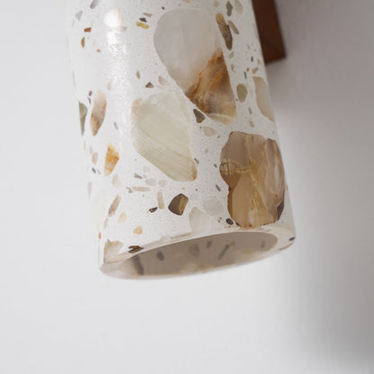 Wandlamp Terrazzo Cilinder – Walnoot Houten Basis – Handgemaakt Natuursteen – Retro Kolom Design – Warm Licht G9 – Woonkamer Slaapkamer Gang