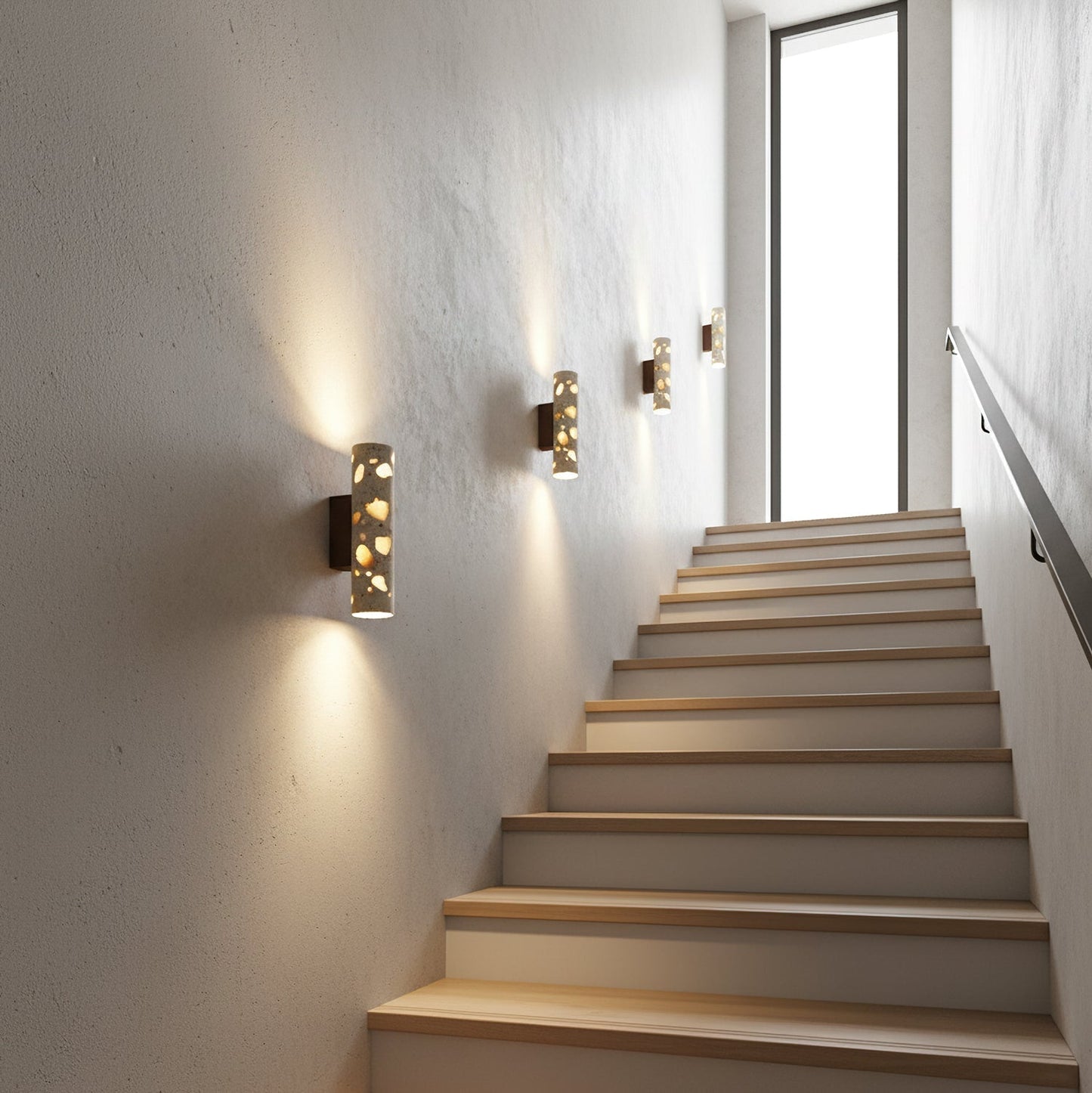 Wandlamp Terrazzo Cilinder – Walnoot Houten Basis – Handgemaakt Natuursteen – Retro Kolom Design – Warm Licht G9 – Woonkamer Slaapkamer Gang