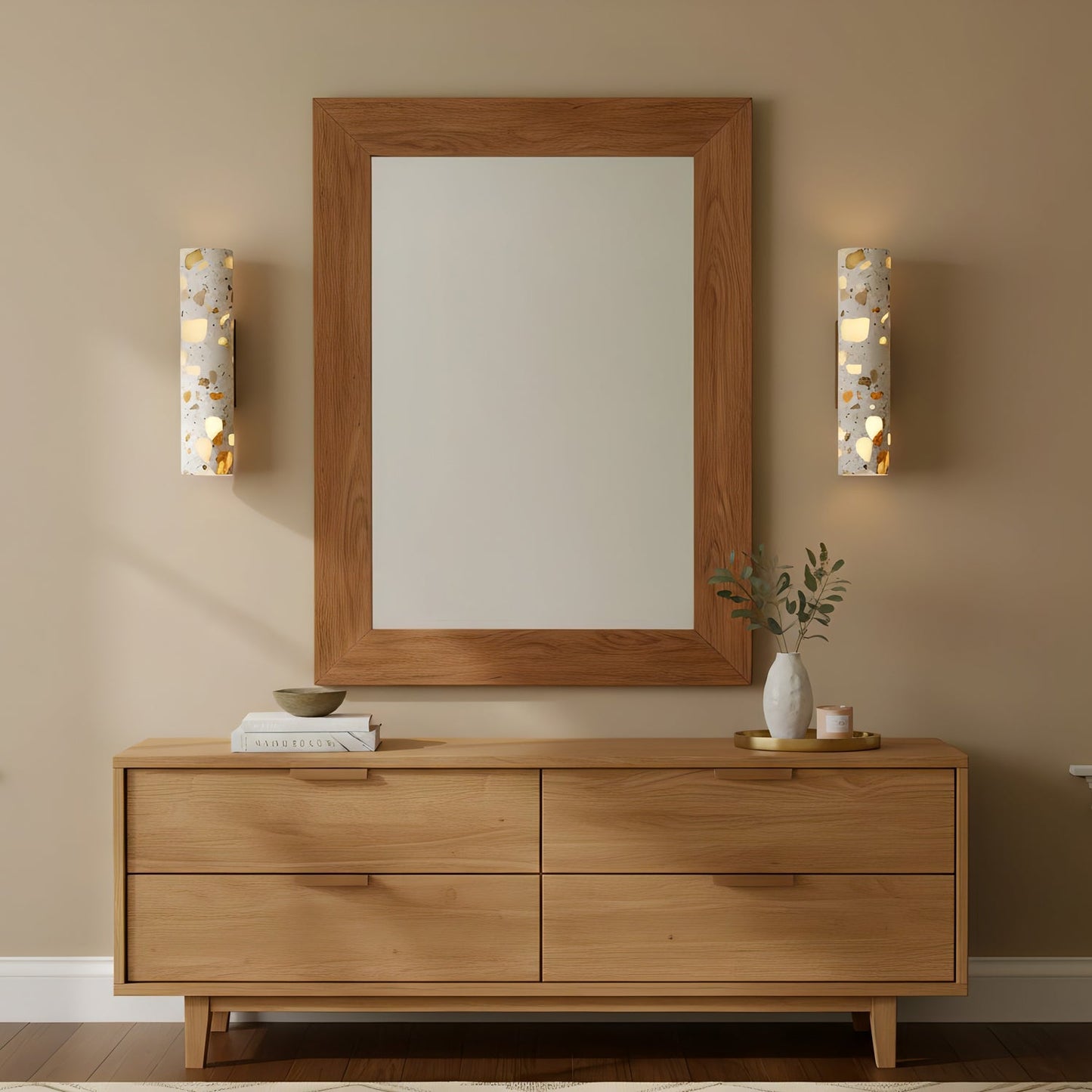 Wandlamp Terrazzo Cilinder – Walnoot Houten Basis – Handgemaakt Natuursteen – Retro Kolom Design – Warm Licht G9 – Woonkamer Slaapkamer Gang