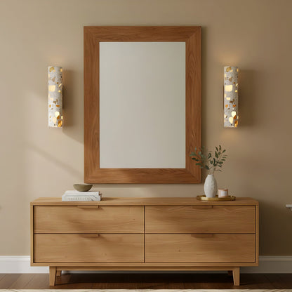 Wandlamp Terrazzo Cilinder – Walnoot Houten Basis – Handgemaakt Natuursteen – Retro Kolom Design – Warm Licht G9 – Woonkamer Slaapkamer Gang