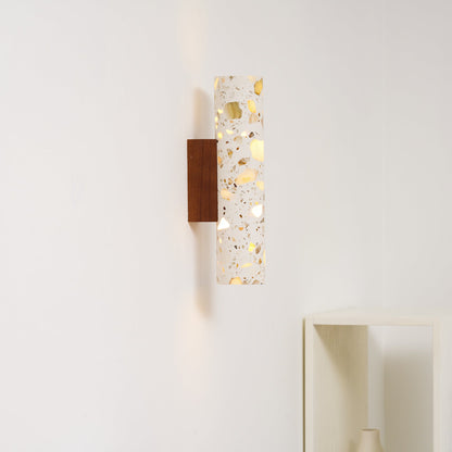 Wandlamp Terrazzo Cilinder – Walnoot Houten Basis – Handgemaakt Natuursteen – Retro Kolom Design – Warm Licht G9 – Woonkamer Slaapkamer Gang