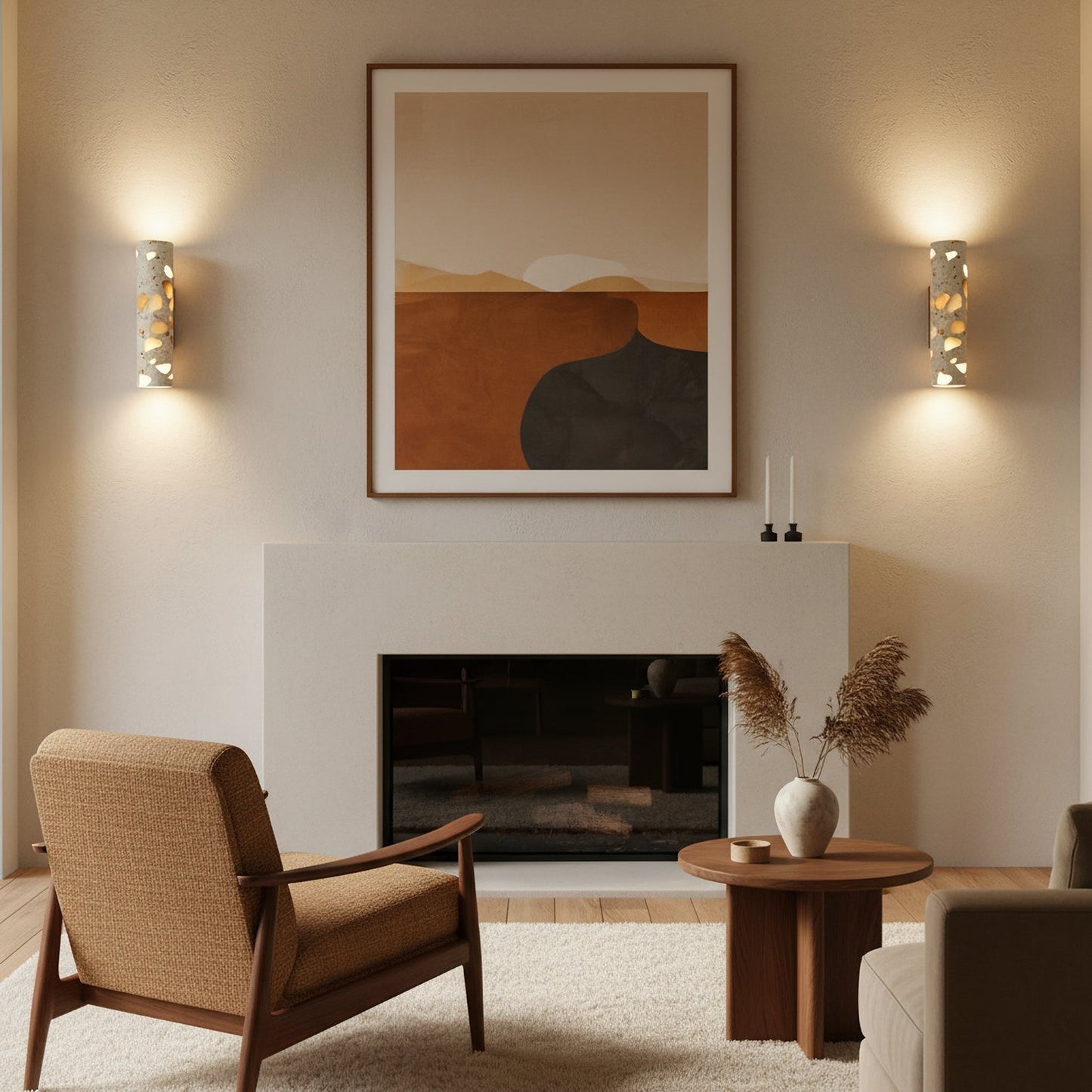 Wandlamp Terrazzo Cilinder – Walnoot Houten Basis – Handgemaakt Natuursteen – Retro Kolom Design – Warm Licht G9 – Woonkamer Slaapkamer Gang