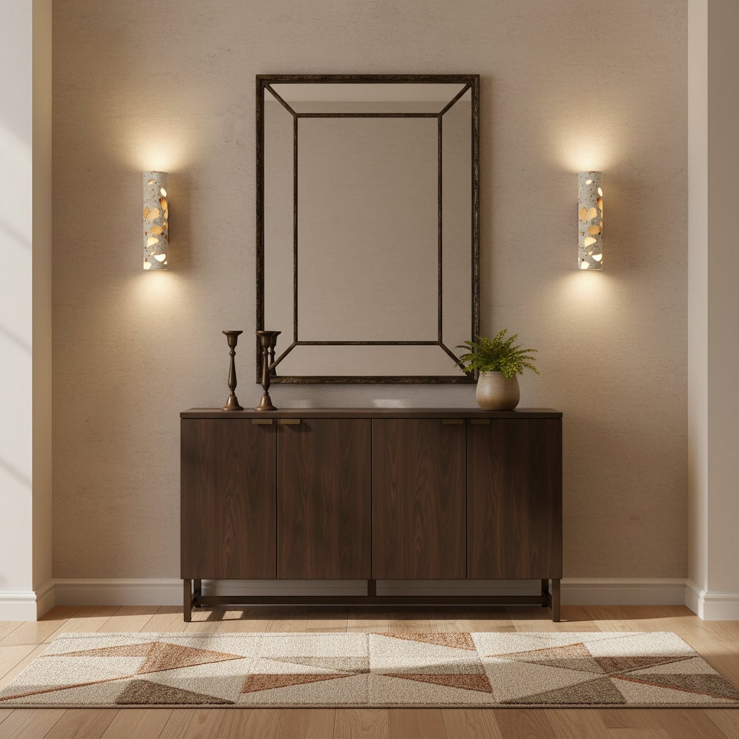 Wandlamp Terrazzo Cilinder – Walnoot Houten Basis – Handgemaakt Natuursteen – Retro Kolom Design – Warm Licht G9 – Woonkamer Slaapkamer Gang