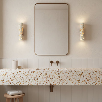 Wandlamp Terrazzo Cilinder – Walnoot Houten Basis – Handgemaakt Natuursteen – Retro Kolom Design – Warm Licht G9 – Woonkamer Slaapkamer Gang