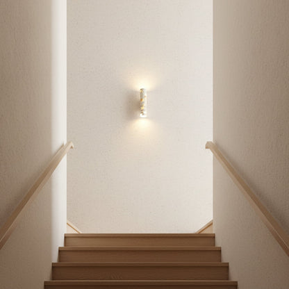 Wandlamp Terrazzo Cilinder – Walnoot Houten Basis – Handgemaakt Natuursteen – Retro Kolom Design – Warm Licht G9 – Woonkamer Slaapkamer Gang