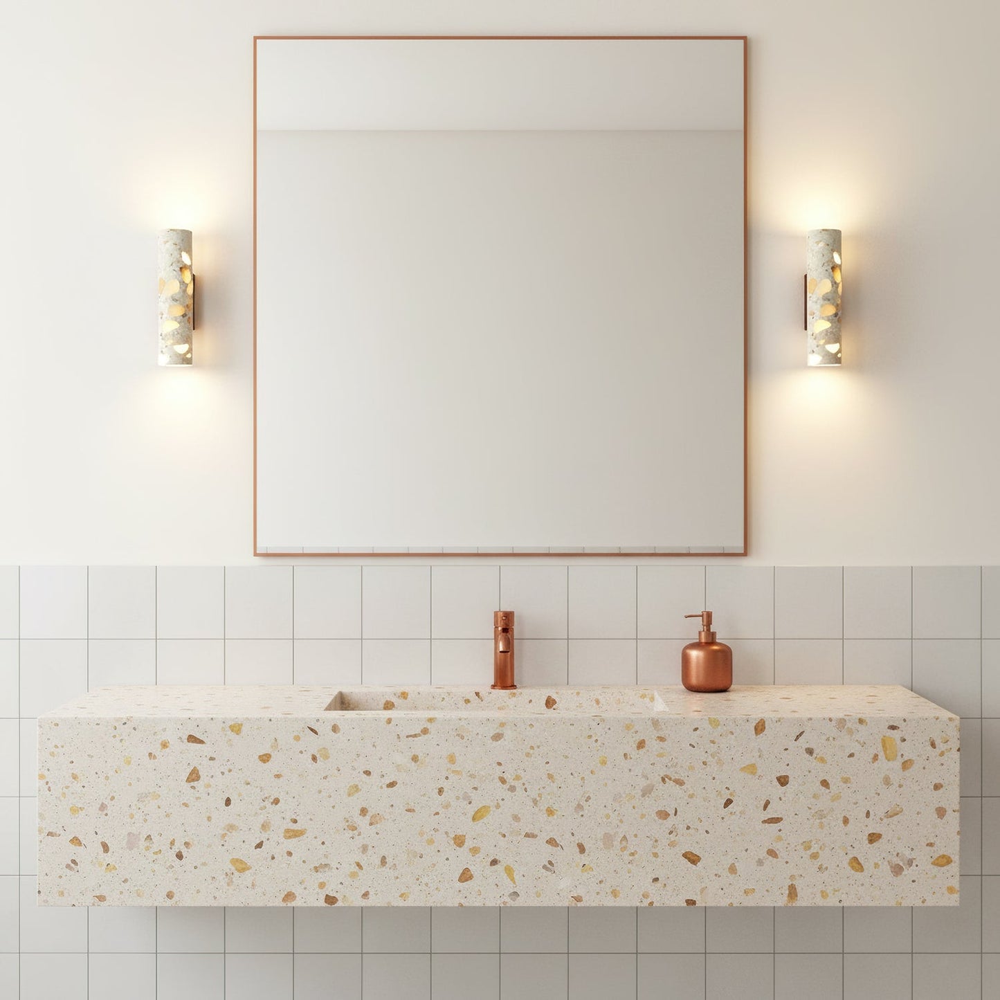 Wandlamp Terrazzo Cilinder – Walnoot Houten Basis – Handgemaakt Natuursteen – Retro Kolom Design – Warm Licht G9 – Woonkamer Slaapkamer Gang