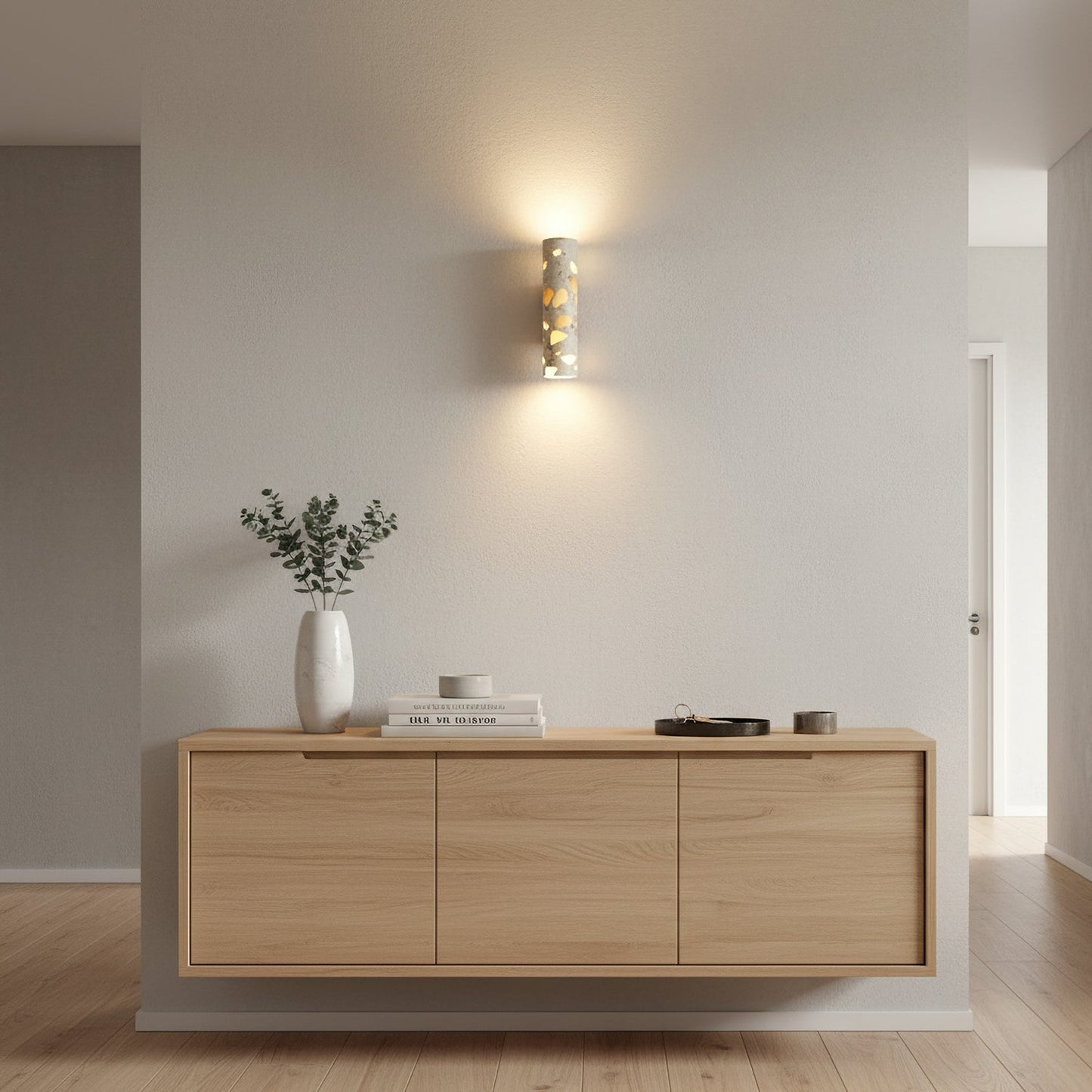 Wandlamp Terrazzo Cilinder – Walnoot Houten Basis – Handgemaakt Natuursteen – Retro Kolom Design – Warm Licht G9 – Woonkamer Slaapkamer Gang