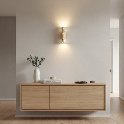 Wandlamp Terrazzo Cilinder – Walnoot Houten Basis – Handgemaakt Natuursteen – Retro Kolom Design – Warm Licht G9 – Woonkamer Slaapkamer Gang