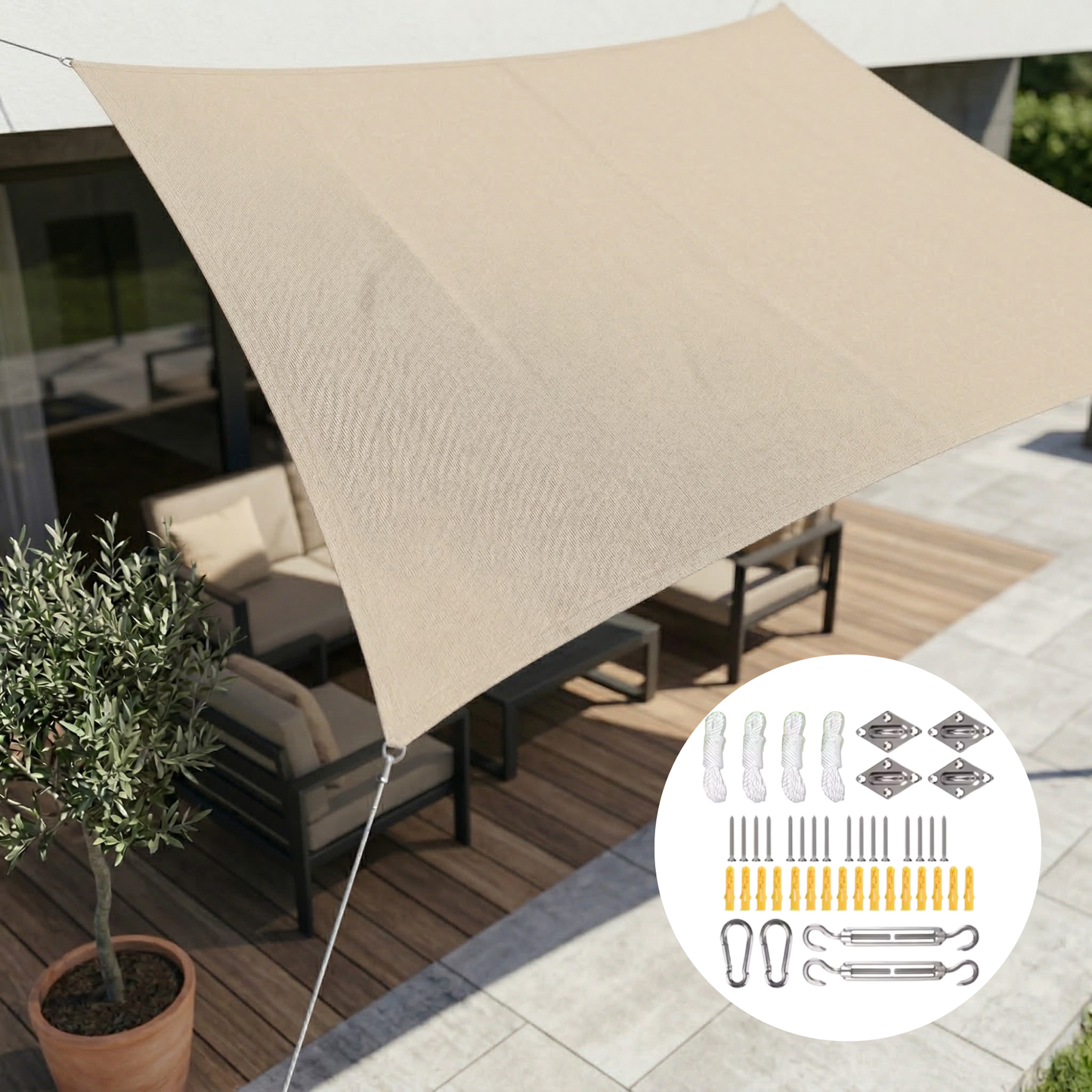 Waterdicht Rechthoekig Schaduwdoek met UV-Bescherming – Zonnedoek voor Tuin, Terras, Balkon & Zwembad – Scheurvast incl. Bevestigingskoorden
