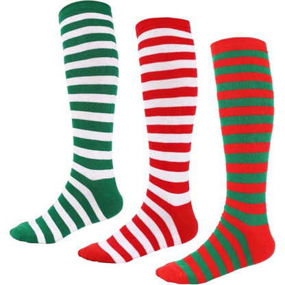 Sophie Kniehoge Sokken | Zachte Stof, 3-Pack, Rood Groen Wit Gestreept 1