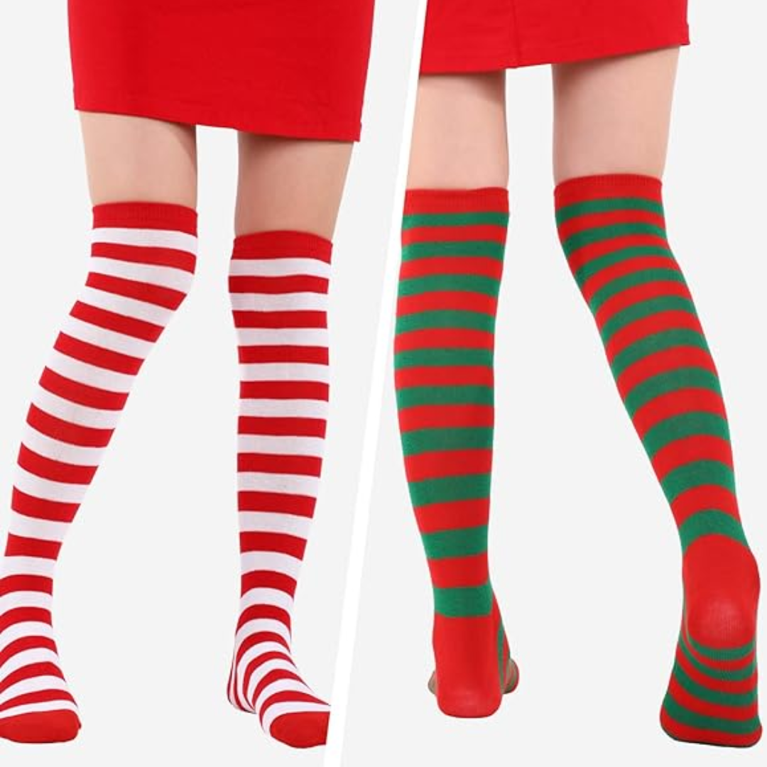 Sophie Kniehoge Sokken | Zachte Stof, 3-Pack, Rood Groen Wit Gestreept 3