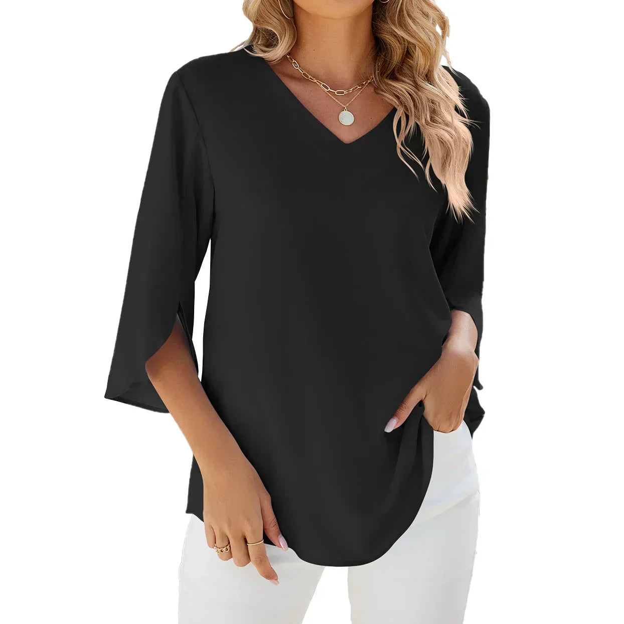 Vrouwelijke Zomerblouse met V-Hals Elegante Stijl
