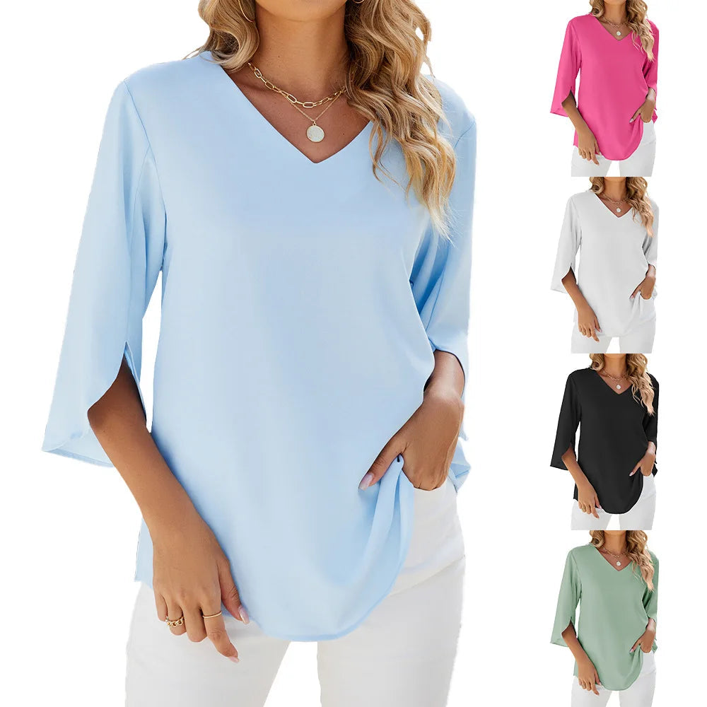 Vrouwelijke Zomerblouse met V-Hals Elegante Stijl