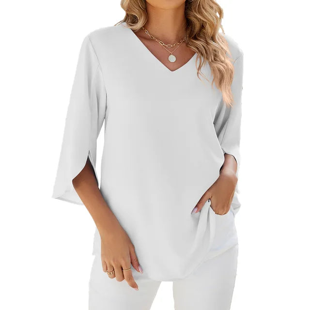 Vrouwelijke Zomerblouse met V-Hals Elegante Stijl