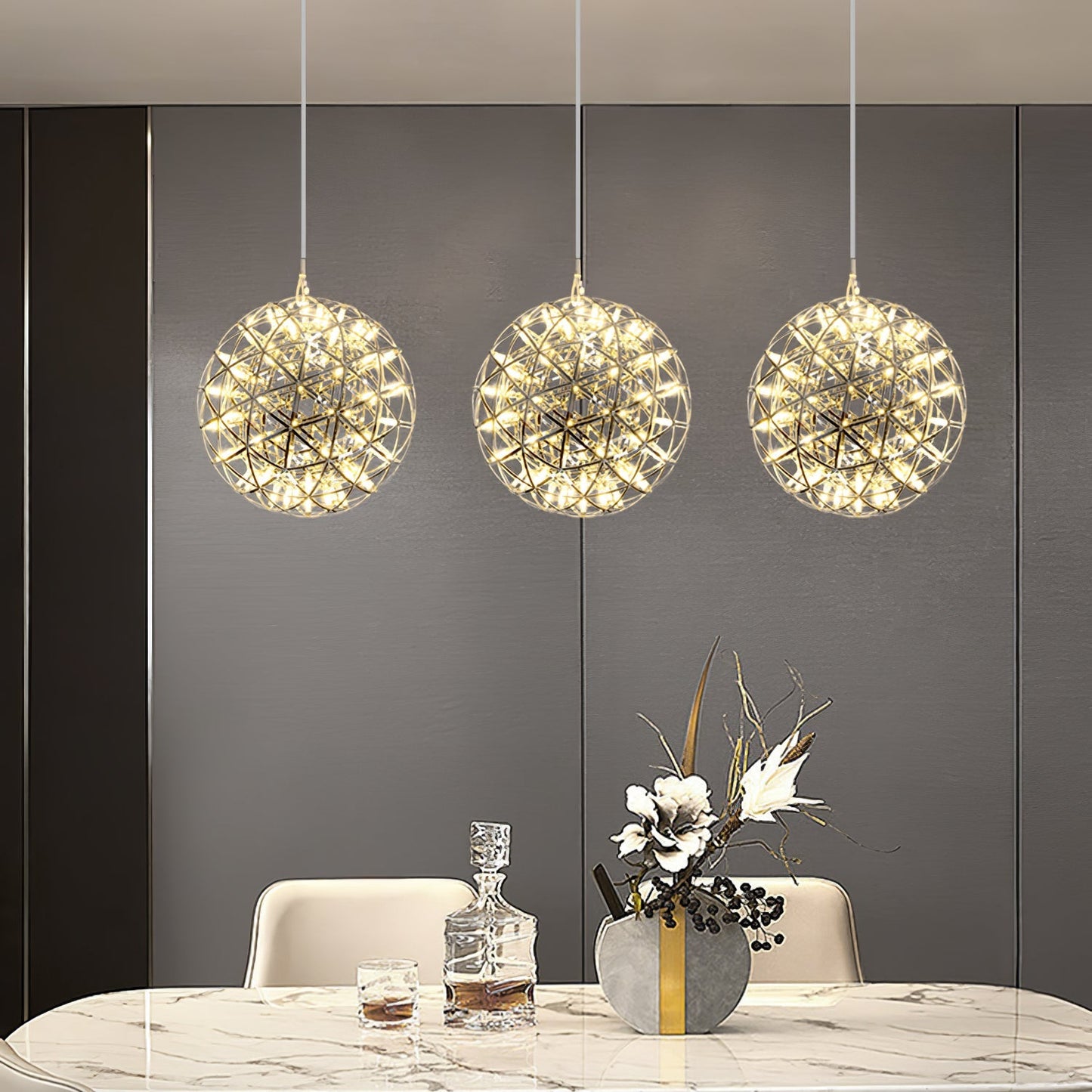 LED Hanglamp Bol Zilver Sfeerverlichting Moderne Lichtbol met Dimbare Lichtpunten Transparante Kristalbol Decoratief Scandinavisch Warm Wit Industrieel Design Interieurlamp