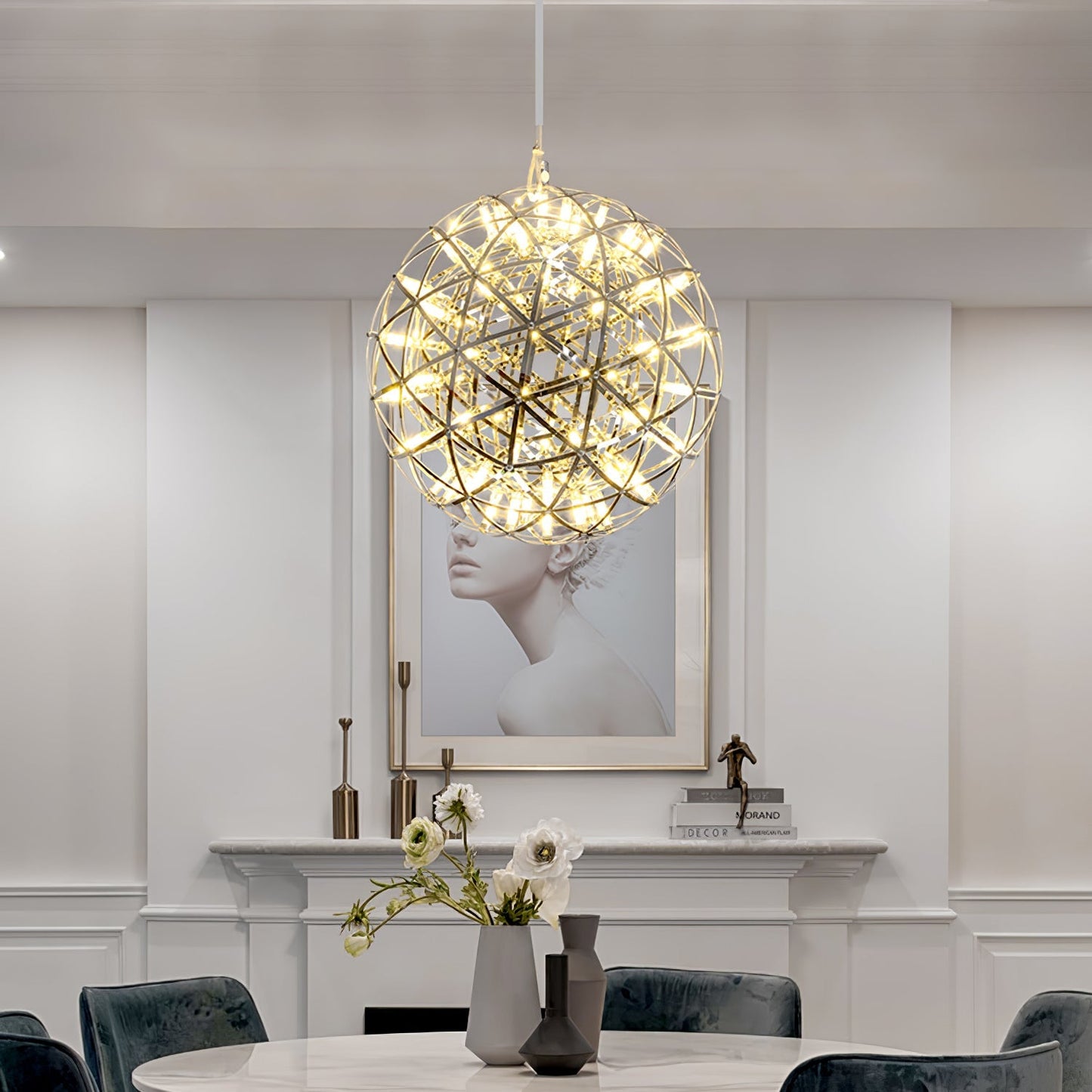 LED Hanglamp Bol Zilver Sfeerverlichting Moderne Lichtbol met Dimbare Lichtpunten Transparante Kristalbol Decoratief Scandinavisch Warm Wit Industrieel Design Interieurlamp