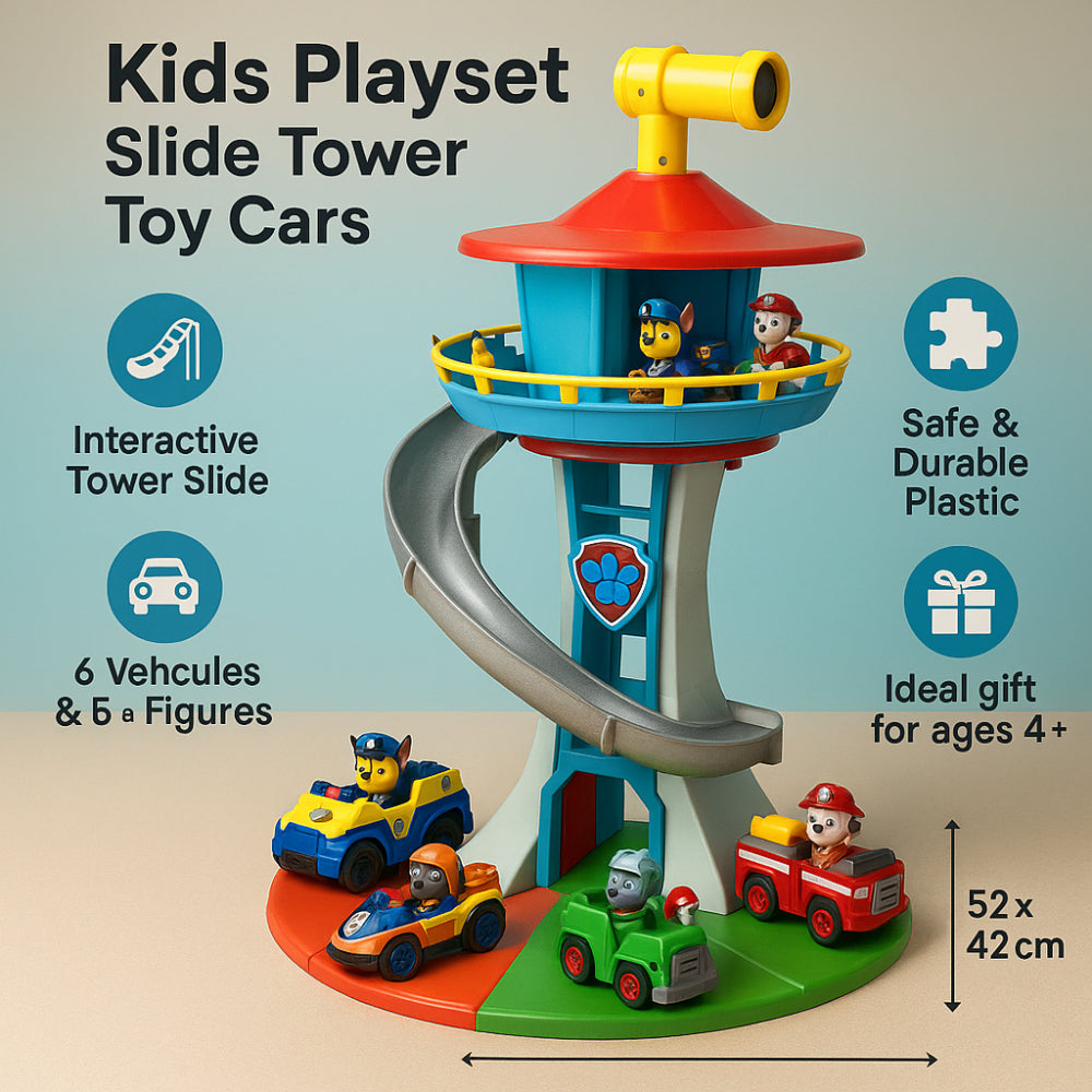 Speeltoren met Glijbaan en Auto's Interactief Kinderspeelgoed Motoriek Rollenspel Educatief Speelset voor Binnen vanaf 4 Jaar