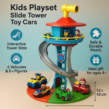 Speeltoren met Glijbaan en Auto's Interactief Kinderspeelgoed Motoriek Rollenspel Educatief Speelset voor Binnen vanaf 4 Jaar