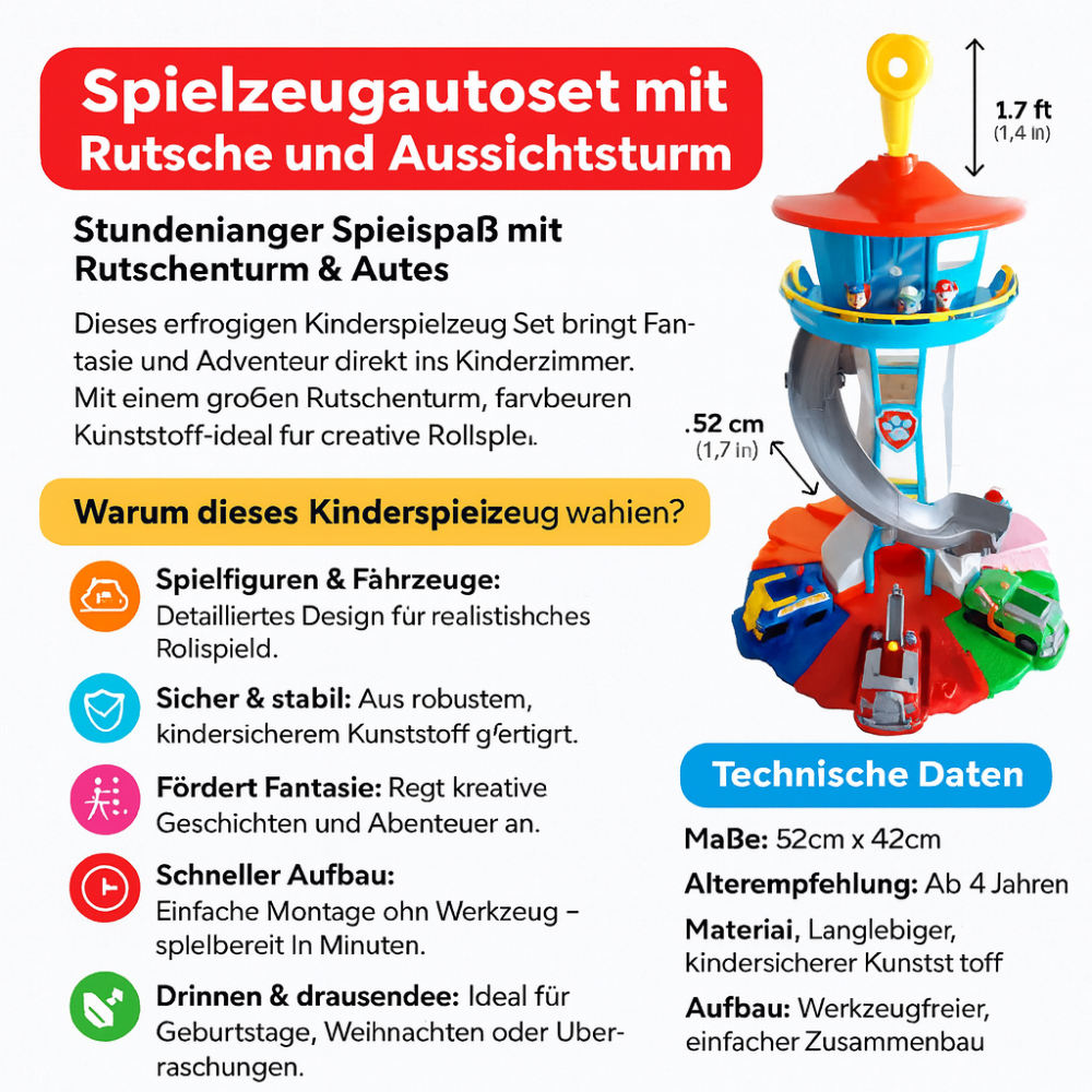 Speelgoedauto Raceset met Glijbaan en Uitkijktoren - Interactief Racecircuit voor Kinderen 4+ - 52x42 cm