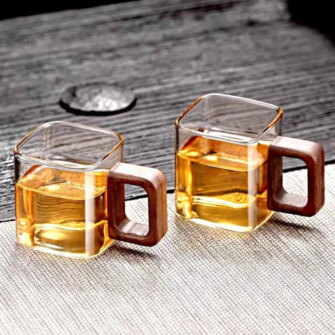 Glazen Mok Vierkant Borosilicaatglas Walnoot Houten Handvat 90ml Espresso Thee