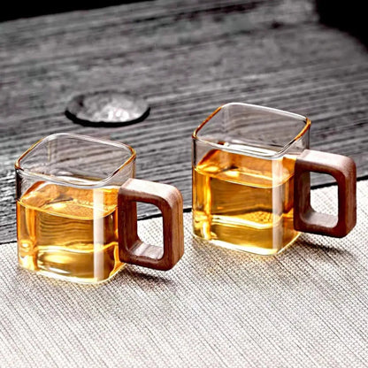 Glazen Mok Vierkant Borosilicaatglas Walnoot Houten Handvat 90ml Espresso Thee