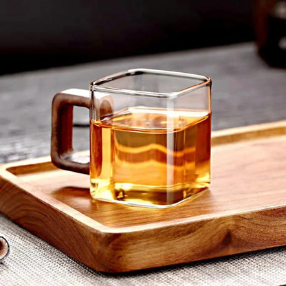 Glazen Mok Vierkant Borosilicaatglas Walnoot Houten Handvat 90ml Espresso Thee