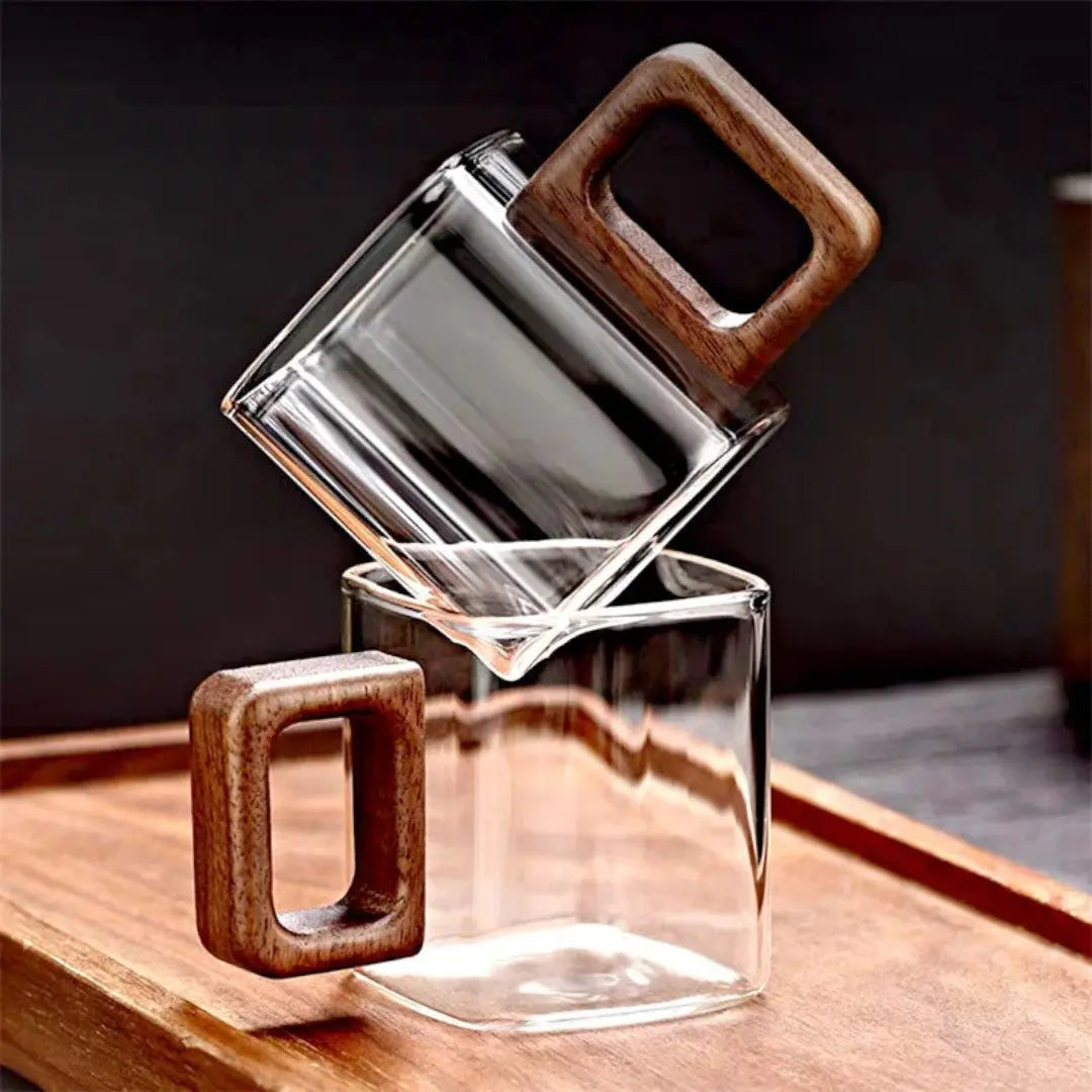Glazen Mok Vierkant Borosilicaatglas Walnoot Houten Handvat 90ml Espresso Thee