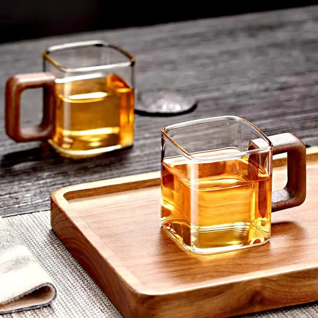 Glazen Mok Vierkant Borosilicaatglas Walnoot Houten Handvat 90ml Espresso Thee