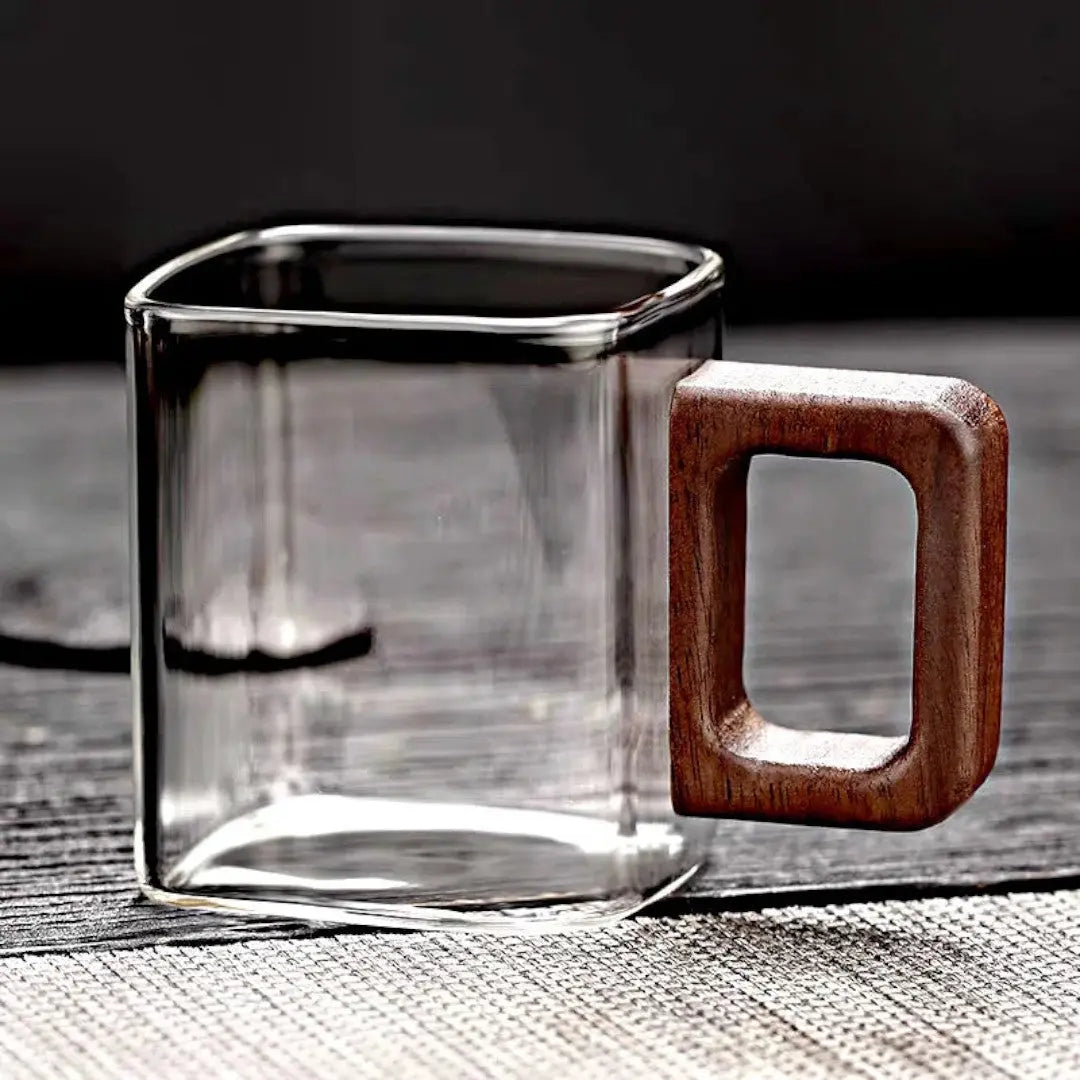 Glazen Mok Vierkant Borosilicaatglas Walnoot Houten Handvat 90ml Espresso Thee