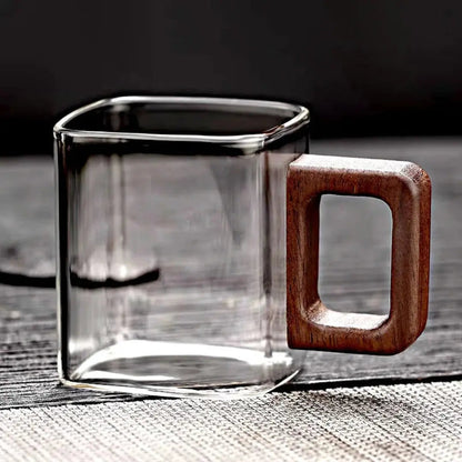 Glazen Mok Vierkant Borosilicaatglas Walnoot Houten Handvat 90ml Espresso Thee
