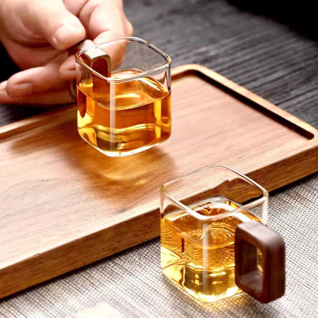 Glazen Mok Vierkant Borosilicaatglas Walnoot Houten Handvat 90ml Espresso Thee