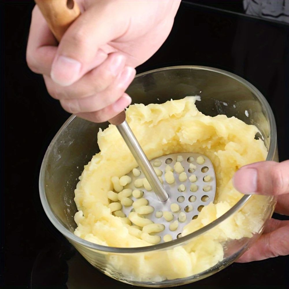 Aardappelstamper RVS 304 Hout Handvat Keuken Puree Stamper Ergonomisch Roestvrijstaal Keukentool Groenten Fruit