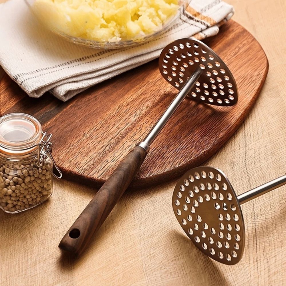 Aardappelstamper RVS 304 Hout Handvat Keuken Puree Stamper Ergonomisch Roestvrijstaal Keukentool Groenten Fruit