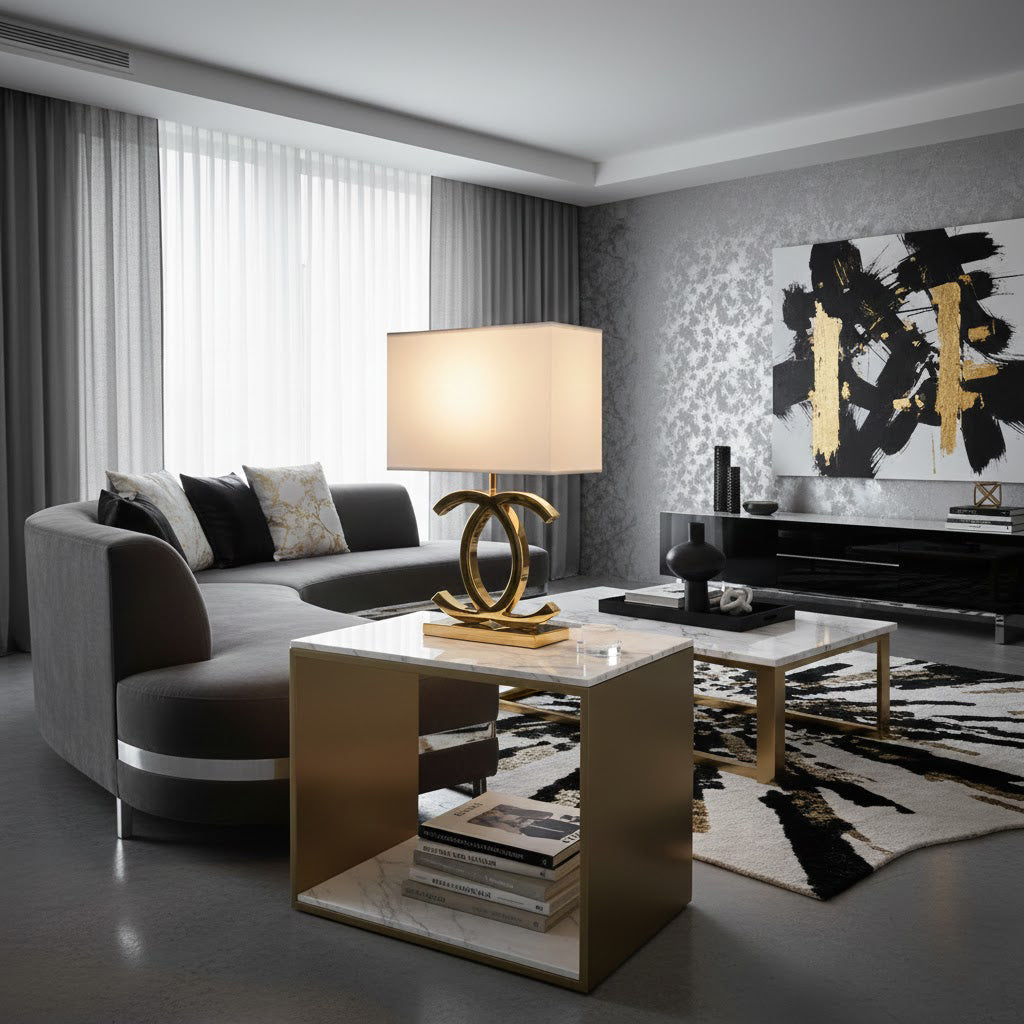 Roestvrij Stalen Tafellamp met Stoffen Kap – Luxe Designlamp Goud/Chroom met Zwart/Wit – E26/E27 Fitting – Ø36.5×H62cm