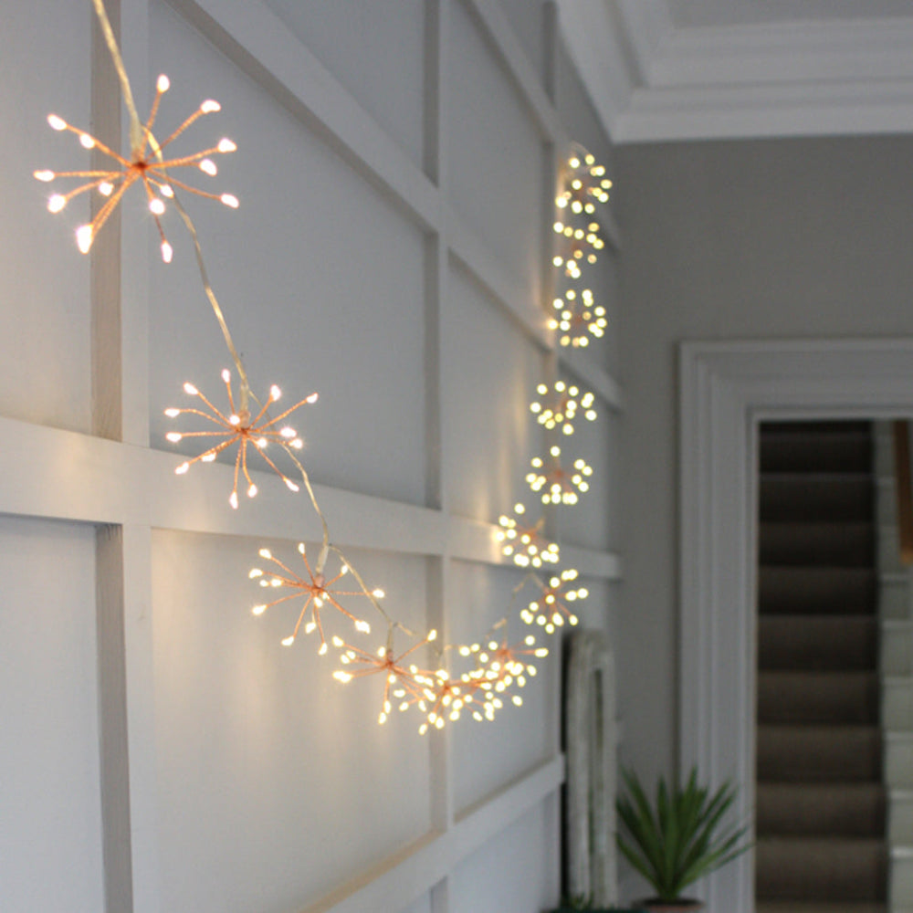 Koperen Starburst LED-lichtslinger – Batterij of Stekker – Warmwit Licht met Timer – 6h ON/18h OFF
