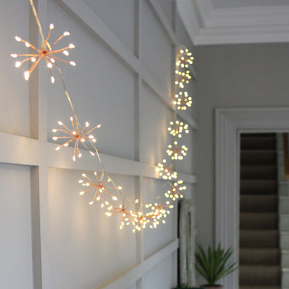 Koperen Starburst LED-lichtslinger – Batterij of Stekker – Warmwit Licht met Timer – 6h ON/18h OFF