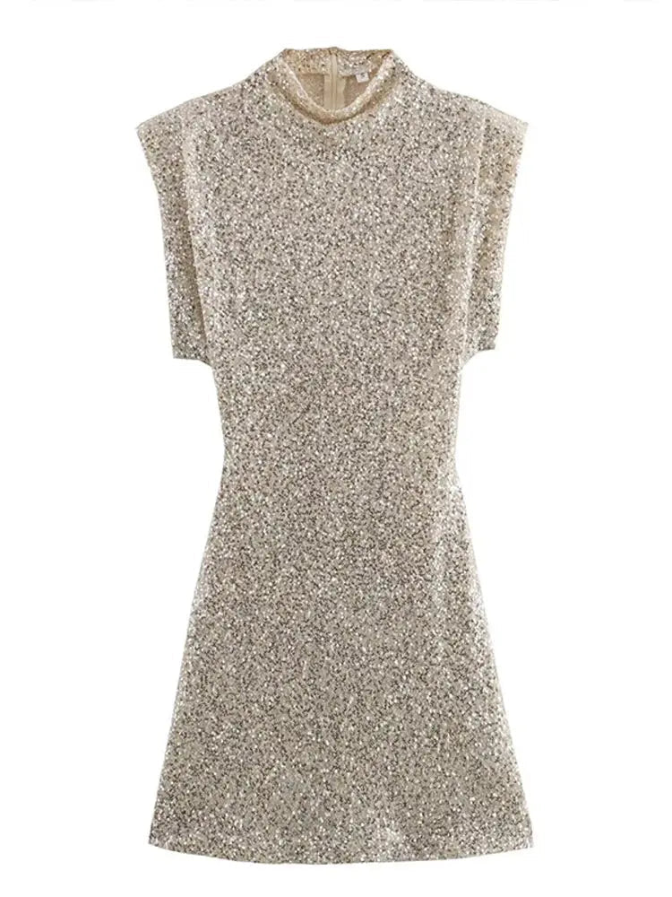 Mouwloze Glitter Mini Jurk met Pailletten Kort en Feestelijk