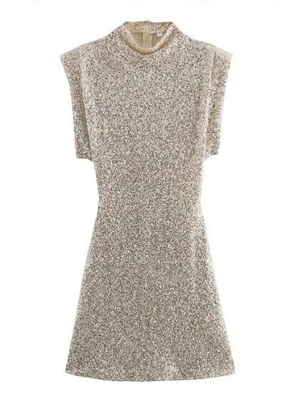 Mouwloze Glitter Mini Jurk met Pailletten Kort en Feestelijk