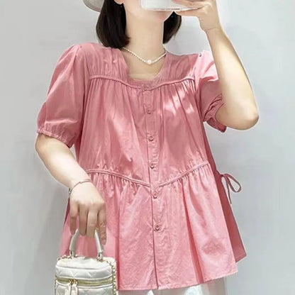 Vrouwelijke Zomerblouse met Plooien en Strik