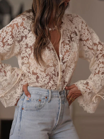 Dames Blouse met Kanten Ruches en Lange Mouwen Comfortabel - StudioMarella